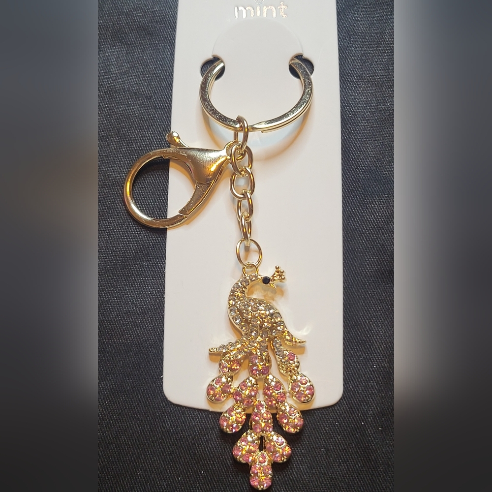 Mint Gold and Pink Rhinestone Peacock Keychain/Bag Charm NWT